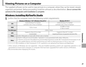 Page 9177
Connections
Viewing Pictures on a Computer
The supplied software can be used to copy pictures to a computer, where they can be stored, viewed, 
organized, and printed.  Before proceeding, install the software as described below.  Do 
NOT connect the 
camera to the computer until installation is complete .
 Windows: Installing MyFinePix Studio Windows: Installing MyFinePix Studio
1  Confirm that the computer meets the following system requirements:
Windows 8/Windows 7 (SP 1)/Windows Vista (SP 2)Windows...