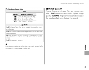 Page 9985
Menus
Using the Menus: Shooting Mode
 Size Versus Aspect Ratio
SizeSize
OptionOptionPrints at sizes up toPrints at sizes up to
O 34 × 25 cm  (13.5 × 10  in.)
P 24 × 18  cm  (9.5 × 7  in.)
Q 17 × 13 cm (7 × 5 in.)
Aspect ratioAspect ratio
4 : 3 : Pictures have the same proportions as the cam-
era display.
3 : 2: Pictures have the same proportions as a frame 
of 35 mm film.
16 : 9 : Suited for display on High Definition (HD) de-
vices.
1 : 1 : Pictures are square.
1 
Image size is not reset when the...