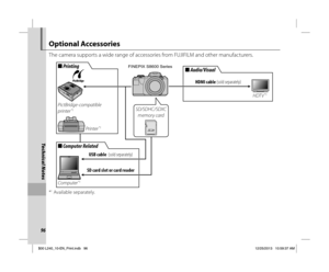 Page 10696
Technical Notes
Optional Accessories
The camera supports a wide range of accessories from FUJIFILM and other manufacturers.
■■ Audio/Visual Audio/Visual
USB cable  (sold separately)
SD card slot or card reader
Computer *1
■■ Computer Related Computer Related
■■ Printing Printing
Printer *1
PictBridge-compatible 
printer *1
HDTV *1
HDMI cable (sold separately)
SD/SDHC/SDXC 
memory card
FINEPIX S8600 Series
*1 Available separately.
Technical Notes
$00 L240_10-EN_Print.indb   96$00 L240_10-EN_Print.indb...