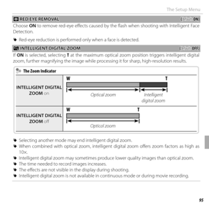 Page 11595Menus
The Setup Menu
 B B RED EYE REMOVAL RED EYE REMOVAL((default: default: ON)ON)
Choose  ON to remove red-eye effects caused by the flash when shooting with Intelligent Face 
Detection.
 
R Red-eye reduction is performed only when a face is detected.
 R R INTELLIGENT DIGITAL ZOOM INTELLIGENT DIGITAL ZOOM((default: default: OFF)OFF)
If  ON is selected, selecting T at the maximum optical zoom position triggers intelligent digital 
zoom, further magnifying the image while processing it for sharp,...