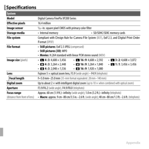 Page 134114Appendix
SpecificationsSpecifications
System
ModelModelDigital Camera FinePix XP200 SeriesDigital Camera FinePix XP200 Series
Effective pixelsEffective pixels16.4 million16.4 million
Image sensorImage sensor11//2.32.3 -in. square pixel CMOS with primary color filter -in. square pixel CMOS with primary color filter
 Storage media Storage  media•  Internal memory• Internal memory•  SD/SDHC/SDXC memory cards•  SD/SDHC/SDXC memory cards
File systemFile systemCompliant  with Compliant with DDesign  Rule...