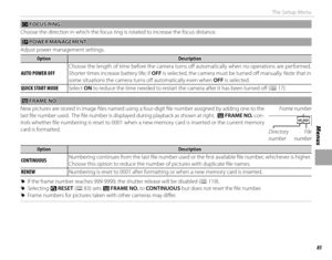 Page 10185
Menus
The Setup Menu
 I I FOCUS RING FOCUS  RING
Choose the direction in which the focus ring is rotated to increase the focus distance.
 Z Z POWER MANAGEMENT POWER  MANAGEMENT
Adjust power management settings.
OptionOptionDescriptionDescription
 AUTO POWER OFF AUTO POWER OFF Choose the length of time before the camera turns off  automatically when no operations are performed. 
Shorter times increase battery life; if OFF is selected, the camera must be turned off   manually. Note that in 
some...