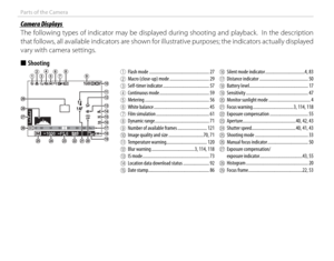 Page 226
Parts of the Camera
 Camera Displays Camera  Displays
The following types of indicator may be displayed during shooting and playback.  In the description 
that follows, all available indicators are shown for illustrative purposes; the indicators actually displayed 
vary with camera settings. 
■  Shooting
2
1
0
-1
-22
1
0
-1
-2
F100
F5.6M±01000200
AA Flash mode ..................................................... 27BBMacro (close-up) mode ................................... 29CCSelf-timer indicator...