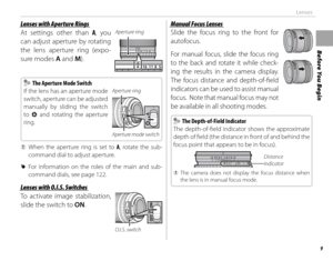 Page 259
Before You Begin
Lenses
Lenses with Aperture RingsLenses with Aperture Rings
At settings other than A, you 
can adjust aperture by rotating 
the lens aperture ring (expo-
sure modes A and M).
Aperture ring
A161185.64
A161185.
  The Aperture Mode Switch  The Aperture Mode Switch
If the lens has an aperture mode 
switch, aperture can be adjusted 
manually by sliding the switch 
to  Z and rotating the aperture 
ring.Aperture ring
Aperture mode switch
 
Q When the aperture ring is set to  A, rotate the...