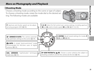 Page 4933
More on Photography and PlaybackMore on Photography and PlaybackMore on Photography and Playback
 Shooting Mode Shooting  Mode
Choose a shooting mode according to the scene or type of subject. 
To choose a shooting mode, rotate the mode dial to the desired set-
ting. The following modes are available:
S (ADVANCED SR AUTO) : The camera automati-
cally optimizes settings to the scene (P 34).
B (AUTO) : A simple “point-and-shoot” mode 
recommended for fi rst-time users of digital 
cameras (P 34).
SP...