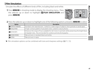 Page 7761
More on Photography and Playback Film Simulation Film  Simulation
Simulate the eff ects of diff erent kinds of fi lm, including black-and-white.
 1 Press MENU/OK in shooting mode to display the shooting menu.  Press 
the selector up or down to highlight P  FILM SIMULATION and 
press MENU/OK.
 2  Press the selector up or down to highlight one of the following options and press  MENU/OK to select.
OptionOptionDescriptionDescription
  cc  (PROVIA/STANDARD)(PROVIA/STANDARD)Standard color reproduction....