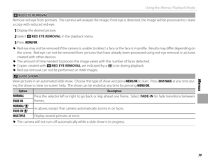Page 9579
Menus
Using the Menus: Playback Mode
 B B RED EYE REMOVAL RED EYE REMOVAL
Remove red-eye from portraits.  The camera will analyze the image; if red-eye is detected, the image will be processed to creat e 
a copy with reduced red-eye.
 
1 Display the desired picture.
 
2 Select  B RED EYE REMOVAL in the playback menu.
 
3 Press  MENU/OK.
 
R Red eye may not be removed if the camera is unable to detect a face or the face is in profi  le.  Results may diff   er depending on 
the scene.  Red eye can not...