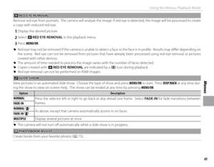 Page 10185
Menus
Using the Menus: Playback Mode
 B B RED EYE REMOVAL RED EYE REMOVAL
Remove red-eye from portraits.  The camera will analyze the image; if red-eye is detected, the image will be processed to creat e 
a copy with reduced red-eye.
 
1 Display the desired picture.
 
2 Select  B RED EYE REMOVAL in the playback menu.
 
3 Press  MENU/OK.
 
R Red eye may not be removed if the camera is unable to detect a face or the face is in profi  le.  Results may diff   er depending on 
the scene.  Red eye can not...