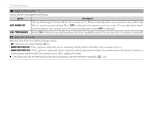 Page 10892
The Setup Menu
ZZ POWER MANAGEMENT POWER  MANAGEMENT
Adjust power management settings.
OptionOptionDescriptionDescription
 AUTO POWER OFF AUTO POWER OFF Choose the length of time before the camera turns off  automatically when no operations are performed. 
Shorter times increase battery life; if OFF is selected, the camera must be turned off   manually. Note that in 
some situations the camera turns off
   automatically even when OFF is selected.
 HIGH PERFORMANCE HIGH  PERFORMANCESelect ON for faster...