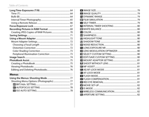 Page 14xiv
Table of Contents
Long Time-Exposures (T/B) ......................................................... 64Time (T ) .......................................................................\
....................... 64
Bulb (B) .......................................................................\
........................ 64
Interval Timer Photography  ....................................................... 65
Using a Remote Release  .............................................................. 66...