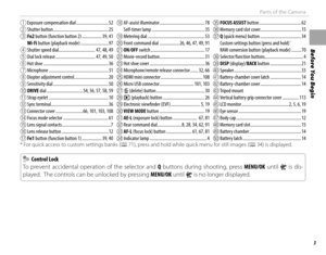 Page 193
Before You Begin
Parts of the Camera
A Exposure compensation dial ............................. 52
B Shutter button .................................................. 25
C Fn2 button (function button 2) .................. 39, 41
Wi-Fi button (playback mode) ......................... 97
D Shutter speed dial ................................. 47, 48, 49
E Dial lock release .................................... 47, 49, 50 
F Hot shoe ........................................................... 36
G...