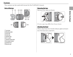 Page 237
Before You Begin
 Parts of the Lens Parts of the Lens
A Lens hood
B Mounting marks
C Focus ring
D Zoom ring
E Aperture ring
F O.I.S. switch
G Aperture mode switch
H  Lens signal contacts
I Front lens cap
J Rear lens cap
Removing the CapsRemoving the Caps
Remove the caps as shown.
 
Q Lens caps may diff  er from those shown.
Attaching the HoodAttaching the Hood
When attached, lens hoods reduce glare and pro-
tect the front lens element.
LensesLenses
The camera can be used with lenses for the FUJIFILM...