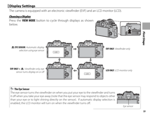 Page 3519
First Steps
 Display Settings Display  Settings
The camera is equipped with an electronic viewfi nder (EVF) and an LCD monitor (LCD).
 Choosing a Display Choosing a Display
Press the VIEW MODE button to cycle through displays as shown 
below.
EE EYE SENSOR EYE SENSOR: Automatic display selection using eye sensor
LCD
EVFEVF
EVF ONLY : Viewfi nder only
EVF ONLY + E: Viewfi nder only; eye 
sensor turns display on or off 
EVF
LCDLCD ONLY: LCD monitor only
    The Eye Sensor  The Eye Sensor
The eye sensor...
