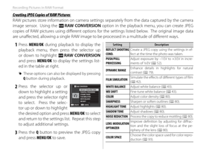 Page 8670
Recording Pictures in RAW Format
 Creating JPEG Copies of RAW Pictures Creating JPEG Copies of RAW Pictures
RAW pictures store information on camera settings separately from the data captured by the camera 
image sensor.  Using the j RAW CONVERSION option in the playback menu, you can create JPEG 
copies of RAW pictures using diff  erent options for the settings listed below.  The original image data 
are unaff  ected, allowing a single RAW image to be processed in a multitude of diff  erent ways.
 1...