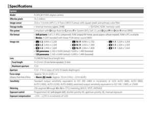 Page 134120
Specifi  cationsSpecifi cations
System
ModelModelFUJIFILM X100SFUJIFILM X100S digital camera digital camera
Eff  ective pixelsEff ective pixels16.3 million16.3 million
Image sensorImage sensor23.6 × 15.6 mm (APS-C), X-Trans CMOS II sensor with square pixels and primary color ﬁ lter23.6 × 15.6 mm (APS-C), X-Trans CMOS II sensor with square pixels and primary color ﬁ lter
Storage mediaStorage media• • Internal memory Internal memory (approx. 24 MB)(approx. 24 MB)• • SD/SDHC/SDXC memory...