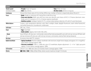 Page 135121
Appendix
Specifi cations
System
Shutter speed Shutter speed (mechanical shutter)(mechanical shutter)• • PP mode mode: : //\b\b sec. to  sec.  to //\b\b sec. sec.• • BulbBulb: Max. 60 min.: Max. 60 min.• • TimeTime: 30 sec. to : 30 sec. to // sec. sec.• • All other modesAll other modes: 60 min. to : 60 min. to //\b\b sec. sec.
ContinuousContinuousChoose from frame rates of 3.0 or 6.0 fps (JPEG); max. number of frames is respectively about 44 and 31Choose from frame rates of...