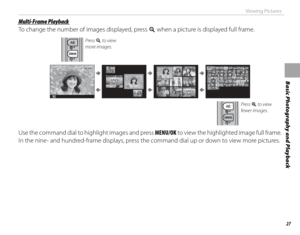 Page 4127
Basic Photography and Playback
Viewing Pictures
 Multi-Frame Playback Multi-Frame  Playback
To change the number of images displayed, press n when a picture is displayed full frame.
Press n to view 
more images.
100-0001100-0001
Press k to view 
fewer images.
Use the command dial to highlight images and press MENU/OK to view the highlighted image full frame.  
In the nine- and hundred-frame displays, press the command dial up or down to view more pictures. 