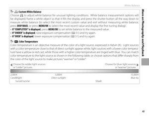 Page 5743
More on Photography and PlaybackWhite Balance
    hh: Custom White Balance: Custom White Balance
Choose 
h to adjust white balance for unusual lighting conditions.  White balance measurement options will 
be displayed; frame a white object so that it fi lls the display and press the shutter button all the way down to 
measure white balance (to select the most recent custom value and exit without measuring white balance, 
press DISP/BACK, or press MENU/OK to select the most recent value and display the...
