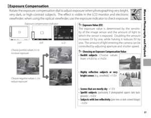 Page 6551
More on Photography and Playback Exposure Compensation Exposure  Compensation
Rotate the exposure compensation dial to adjust exposure when photographing very bright, 
very dark, or high-contrast subjects.  The eff ect is visible in the LCD monitor and electronic 
viewfi  nder; when using the optical viewfi  nder, use the exposure indicator to check exposure.
Exposure compensation indicator
2000 F5.6P200P2000F5 . 620020001F5.6
000100
P200
F
OVF EVFLCD
Choose positive values (+) to 
increase exposure...