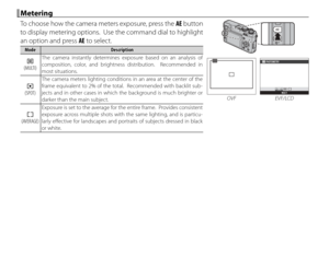 Page 6652
 Metering Metering
To choose how the camera meters exposure, press the AE button 
to display metering options.  Use the command dial to highlight 
an option and press AE to select.
ModeModeDescriptionDescription
oo(MULTI)(MULTI) The camera instantly determines exposure based on an analysis of 
composition, color, and brightness distribution.  Recommended in 
most situations.
pp(SPOT)(SPOT)The camera meters lighting conditions in an area at the center of the 
frame equivalent to 2% of the total....