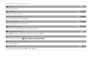 Page 8874
Using the Menus: Shooting Mode
 f f COLOR COLOR((default: default: MID)MID)
Adjust color density.
  qq SHARPNESS SHARPNESS((default: default: STANDARD)STANDARD)
Sharpen or soften outlines.
  rr HIGHLIGHT TONE HIGHLIGHT TONE((default: default: STANDARD)STANDARD)
Adjust the appearance of highlights.
  ss SHADOW TONE SHADOW TONE((default: default: STANDARD)STANDARD)
Adjust the appearance of shadows.
 h h NOISE REDUCTION NOISE REDUCTION((default: default: STANDARD)STANDARD)
Reduce noise in pictures taken...