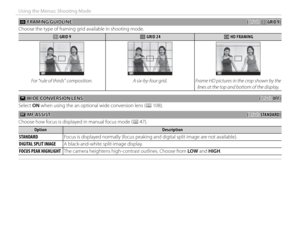 Page 9076
Using the Menus: Shooting Mode
 c c FRAMING GUIDLINE FRAMING GUIDLINE((default: default: FF GRID 9) GRID 9)
Choose the type of framing grid available in shooting mode.
FF GRID 9 GRID 9GG GRID 24 GRID 24HH HD FRAMING HD FRAMING
PPP
For “rule of thirds” composition. A six-by-four grid.Frame HD pictures in the crop shown by the 
lines at the top and bottom of the display.
  YY WIDE CONVERSION LENS WIDE CONVERSION LENS((default: default: OFF)OFF)
Select  ON when using the an optional wide conversion lens...