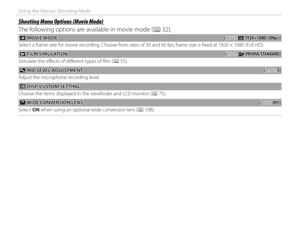 Page 9480
Using the Menus: Shooting Mode
Shooting Menu Options (Movie Mode)Shooting Menu Options (Movie Mode)
The following options are available in movie mode (P 32).
  WW MOVIE MODE MOVIE MODE((default: default: ii 1920×1080 (30fps)) 1920×1080 (30fps))
Select a frame rate for movie recording. Choose from rates of 30 and 60 fps; frame size is fi xed at 1920 × 1080 (Full HD).
 P P FILM SIMULATION FILM SIMULATION((default: default: cc PROVIA/STANDARD) PROVIA/STANDARD)
Simulate the eff ects of diff erent types of...
