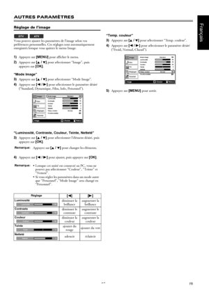 Page 1515FR
Français
AUTRES PARAMÈTRES
Réglage de l’image
Vous pouvez ajuster les paramètres de l’image selon vos 
préférences personnelles. Ces réglages sont automatiquement 
enregistrés lorsque vous quittez le menu Image.
1)Appuyez sur [MENU] pour afficher le menu.
2)Appuyez sur [K / L] pour sélectionner “Image”, puis 
appuyez sur [OK].
“Mode Image”
3)Appuyez sur [K / L] pour sélectionner “Mode Image”.
4)Appuyez sur [s / B] pour sélectionner le paramètre désiré 
(“Standard, Dynamique, Film, Info,...