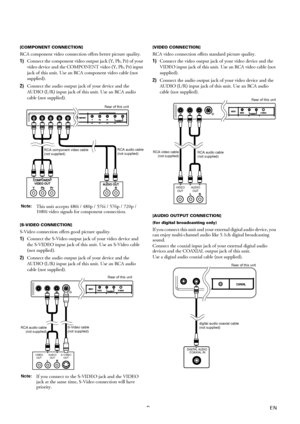 Page 99EN
[COMPONENT CONNECTION]
RCA component video connection offers better picture quality.
1)Connect the component video output jack (Y, Pb, Pr) of your 
video device and the COMPONENT video (Y, Pb, Pr) input 
jack of this unit. Use an RCA component video cable (not 
supplied).
2)Connect the audio output jack of your device and the 
AUDIO (L/R) input jack of this unit. Use an RCA audio 
cable (not supplied).
[S-VIDEO CONNECTION]
S-Video connection offers good picture quality.
1)Connect the S-Video output...