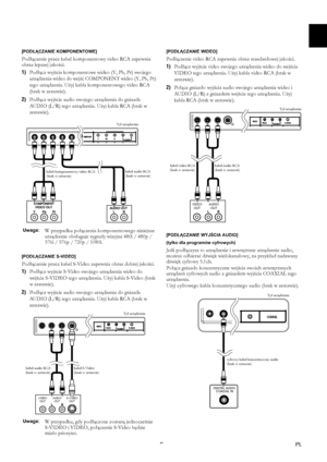 Page 99PL
[PODŁĄCZANIE KOMPONENTOWE]
Podłączenie przez kabel komponentowy video RCA zapewnia 
obraz lepszej jakości.
1)Podłącz wyjścia komponentowe wideo (Y, Pb, Pr) swojego 
urządzenia wideo do wejść COMPONENT wideo (Y, Pb, Pr) 
tego urządzenia. Użyj kabla komponentowego video RCA 
(brak w zestawie).
2)Podłącz wyjście audio swojego urządzenia do gniazda 
AUDIO (L/R) tego urządzenia. Użyj kabla RCA (brak w 
zestawie).
[PODŁĄCZANIE S-VIDEO]
Podłączenie przez kabel S-Video zapewnia obraz dobrej jakości....