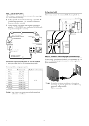 Page 1010PL
[PODŁĄCZENIE KOMPUTERA]
Jeśli połączysz to urządzenie z komputerem, możesz używać go 
jako monitora komputerowego.
1)Podłącz gniazdo monitora komputerowego z gniazdem PC-
IN (RGB) tego urządzenia. Użyj kabla VGA z rdzeniem 
ferrytowym (brak w zestawie).
2)Podłącz gniazdo wyjścia linii audio swojego komputera z 
gniazdem PC-IN (AUDIO) tego urządzenia. Użyj kabla audio 
z wtyczkami mini (brak w zestawie).
Ostrzeżenia dotyczące podłączania do innych urządzeń:
• Należy stosować kabel VGA z rdzeniem...