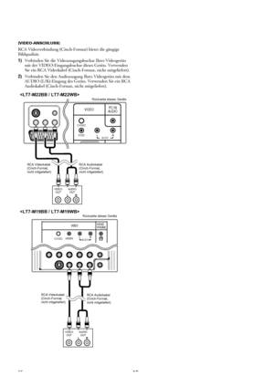 Page 1010DE
[VIDEO-ANSCHLUSS]
RCA Videoverbindung (Cinch-Format) bietet die gängige 
Bildqualität.
1)Verbinden Sie die Videoausgangsbuchse Ihres Videogeräts 
mit der VIDEO-Eingangsbuchse dieses Geräts. Verwenden 
Sie ein RCA Videokabel (Cinch-Format, nicht mitgeliefert).
2)Verbinden Sie den Audioausgang Ihres Videogeräts mit dem 
AUDIO (L/R)-Eingang des Geräts. Verwenden Sie ein RCA 
Audiokabel (Cinch-Format, nicht mitgeliefert).
AUDIO
OUT VIDEO
OUT
S-VIDEO
VIDEO
AUDIO
LR
VIDEOPC-IN
AUDIO
Rückseite dieses...