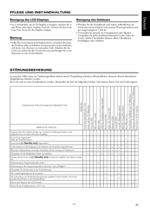 Page 2727DE
Deutsch
PFLEGE UND INSTANDHALTUNG
Reinigung des LCD-Displays
 Ist es erforderlich, das LCD-Display zu reinigen, wischen Sie es 
mit Watte oder einem weichen Tuch ab. Trennen Sie das Gerät 
vom Netz, bevor Sie das Display reinigen.
Wartung
 Sollte Ihr Gerät einmal nicht funktionieren, versuchen Sie nicht, 
das Problem selbst zu beheben. Im Inneren des Gerätes befinden 
sich keine vom Benutzer zu wartenden Teile. Schalten Sie das 
Gerät aus, ziehen Sie den Netzstecker raus und bringen Sie es zur...