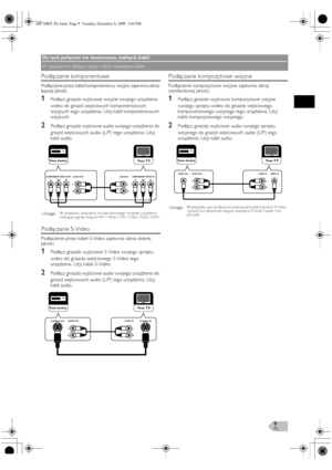 Page 9PL9
Podłączanie komponentowe
Podłączenie przez kabel komponentowy wizyjny zapewnia obraz 
lepszej jakości.
1Podłącz gniazda wyjściowe wizyjne swojego urządzenia 
wideo do gniazd wejściowych komponentowych 
wizyjnych tego urządzenia. Użyj kabli komponentowych 
wizyjnych.
2Podłącz gniazda wyjściowe audio swojego urządzenia do 
gniazd wejściowych audio (L/P) tego urządzenia. Użyj 
kabli audio.
Podłączanie S-Video
Podłączenie przez kabel S-Video zapewnia obraz dobrej 
jakości.
1Podłącz gniazdo wyjściowe...