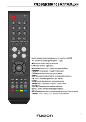 Page 11PICTURE   SOUND    SLEEP    DISPLAYINPUT
VOL+
VOL-
EXITMUTE
MENU
OK
CH+
CH-
123
456
789
0
CH.list
ROOT
FAV
TV/TXT HOLD                         NICAM/A2
SIZE INDEX REVEAL SUBPAGEA-B
SUBTITLEREPEATGOTO
SLOWLANGUAGEZOOM
Кнопки управления воспроизведением с накопителей USB:
    /    Кнопка начала воспроизведения / паузы.
     Кнопка остановки воспроизведения.
   /   Кнопки быстрой перемотки.
    /    Кнопки перехода по главам/дорожкам/файлам.
DISPLAY Кнопка вызова текущей информации.
EXIT Кнопка возврата в...