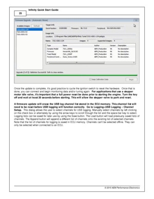 Page 2825
© 2 015 A EM  P erfo rm ance E le ctr o nic s
I
n fin ity  Q uic k S ta rt G uid e
O nce th e u pdate  is  c om ple te , it s  g ood p ra ctic e to  c ycle  th e ig nit io n s w it c h to  re set th e h ard w are .  O nce th at is
d one, y ou c an c onnect a nd b egin  m onit o rin g d ata  a nd/o r tu nin g a gain .  F or a pplic a tio ns th at u se  a  s te pper
m oto r id le  v a lv e , its  im porta nt th at a  fu ll p ow er r e se t b e d one p rio r to  s ta rtin g th e e ngin e. T urn  th e k e...