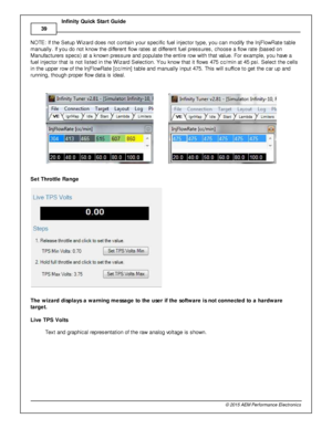 Page 4239
© 2 015 A EM  P erfo rm ance E le ctr o nic s
I
n fin ity  Q uic k S ta rt G uid e
N O TE : If  th e S etu p W iz ard  d oes n ot c onta in  y our s pecific  fu el  in je cto r ty pe, y ou c an m odify  th e In jF lo w Rate  ta ble
m anually . If  y ou d o n ot k now  th e d iffe re nt flo w  ra te s a t d iffe re nt fu el  p re ssure s, c hoose a  flo w  ra te  (b ased o n
M anufa ctu re rs  s pecs) a t a  k now n p re ssure  a nd p opula te  th e e ntir e  ro w  w it h  th at v a lu e. F or e xam...