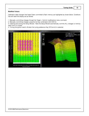 Page 45Tunin g G uid e
42
© 2 015 A EM  P erfo rm ance E le ctr o nic s
M
odifie d V alu es
C alib ra tio n ta ble  c hanges th at h ave nt  b een c om mit te d to  fla sh m em ory  a re  h ig hlig hte d a s s how n b elo w . C ondit io ns
t h at w ill  re set th e d is pla y a re  a s fo llo w s:
1 . M anually  c om mit tin g c hanges th ro ugh th e T arg et >  C om mit  m odific atio ns m enu c om mand
2 . M anually  c om mit tin g c hanges u sin g th e h ot k ey c om bin atio n [C trl  S hift  C ]
3 . O...
