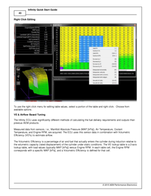 Page 4643
© 2 015 A EM  P erfo rm ance E le ctr o nic s
I
n fin ity  Q uic k S ta rt G uid e
R ig ht C lic k E ditin g
T o u se th e rig ht c lic k m enu fo r e dit in g ta ble  v a lu es, s ele ct a  p ortio n o f  th e ta ble  a nd rig ht c lic k.  C hoose fr o m
a va ila ble  o ptio ns.
VE &  A ir flo w  B ase d T unin g
T he In fin it y  E CU u ses s ig nific antly  d iffe re nt m eth ods o f  c alc ula tin g th e fu el  d eliv e ry  re quir e m ents  a nd o utp uts  th an
p re vio us A EM  p ro ducts . 
M...