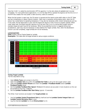 Page 51Tunin g G uid e
48
© 2 015 A EM  P erfo rm ance E le ctr o nic s
N ote  th at 1 4.6 4:1  is  c alle d th e s to ic hio m etric  A FR  fo r g asolin e. It  is  th e ra tio  w here  a ll  a va ila ble  fu el  is  b urn ed
c om ple te ly . F or m ost p erfo rm ance a pplic atio ns, it  is  n ot th e id eal  A FR  to  o pera te  th e e ngin e a t a ll  th e tim e n or is  it
t h e A FR  th at c re ate s th e m ost p ow er o r e ve n e conom y u nder a ll  c ondit io ns.
W hen th e fu el  s yste m  is  o pen...