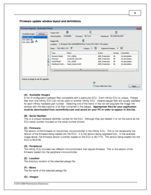 Page 55
© 2 015 A EM  P erfo rm ance E le ctr o nic s
F ir m ware  u pdate  w in dow  la yo ut a n d d efin it io ns
(A ) - A va ila ble  Im ages
A  lis t o f  c onfig ura tio n (p akgrp ) file s c om patib le  w it h  a  p artic ula r E CU.  E ach In fin it y  E CU is  u niq ue.  P akgrp
f ile s fr o m  o ne In fin it y  E CU c an n ot b e u sed o n a noth er In fin it y  E CU.  S eve ra l  p akgrp  file s a re  u sually  a va ila ble
f o r e ach In fin it y  h ard w are  p art n um ber.  S ele ctin g o ne o...