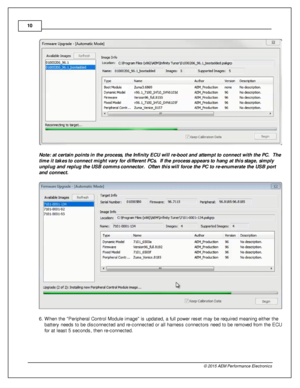 Page 1010
© 2 015 A EM  P erfo rm ance E le ctr o nic s
N ote : a t c erta in  p oin ts  in  th e p ro cess, th e In fin ity  E CU w ill r e -b oot a n d a tte m pt to  c o nnect w ith  th e P C .  T he
t im e it ta k es to  c o nnect m ig ht v ary  fo r d iffe re n t P C s.  If  th e p ro cess a p pears  to  h an g a t th is  s ta g e, s im ply
u nplu g a n d r e p lu g th e U SB c o m ms c o nnecto r.  O fte n  th is  w ill fo rc e th e P C  to  r e -e n um era te  th e U SB p ort
a n d c o nnect.
6 . W hen...