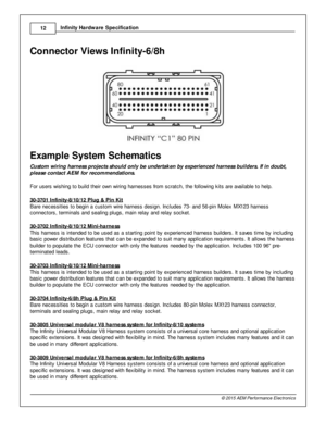 Page 1412
© 2 015 A EM  P erfo rm ance E le ctr o nic s
I
n fin ity  H ard w are  S pecific a tio n
Connecto r V ie w s In fin it y -6 /8 h
Exam ple  S yste m  S ch em atic s
C usto m  w ir in g h arn ess p ro je cts  s h ould  o nly  b e u nderta k en  b y e xp erie n ced  h arn ess b uild ers . If  in  d oubt,
p le ase  c o nta ct A EM  fo r r e co m men datio ns.  
F or u sers  w is hin g to  b uild  th eir  o w n w ir in g h arn esses fr o m  s cra tc h, th e fo llo w in g k it s  a re  a va ila ble  to  h...