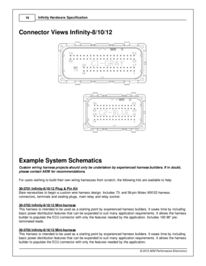 Page 1816
© 2 015 A EM  P erfo rm ance E le ctr o nic s
I
n fin ity  H ard w are  S pecific a tio n
Connecto r V ie w s In fin it y -8 /1 0/1 2
                               
Exam ple  S yste m  S ch em atic s
C usto m  w ir in g h arn ess p ro je cts  s h ould  o nly  b e u nderta k en  b y e xp erie n ced  h arn ess b uild ers . If  in  d oubt,
p le ase  c o nta ct A EM  fo r r e co m men datio ns.  
F or u sers  w is hin g to  b uild  th eir  o w n w ir in g h arn esses fr o m  s cra tc h, th e fo llo w in...