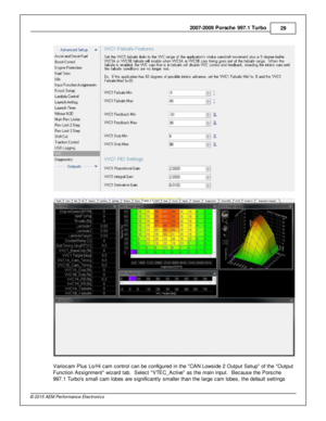 Page 292007-2 009 P ors c h e 9 97.1  T urb o
29
© 2 015 A EM  P erfo rm ance E le ctr o nic s
V ario cam  P lu s L o/H i  c am  c ontro l  c an b e c onfig ure d in  th e  C AN L ow sid e 2  O utp ut S etu p o f  th e  O utp ut
F unctio n A ssig nm ent  w iz ard  ta b.  S ele ct  V TE C_A ctiv e  a s th e m ain  in put.  B ecause th e P ors che
9 97.1  T urb os  s m all  c am  lo bes a re  s ig nific antly  s m alle r th an th e la rg e c am  lo bes, th e d efa ult  s ettin gs 