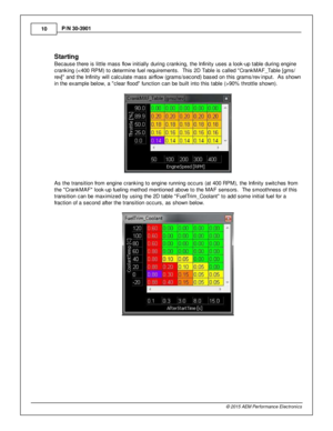 Page 1010
© 2 015 A EM  P erfo rm ance E le ctr o nic s
P
/N  3 0-3 901
S ta rtin g
B ecause th ere  is  lit tle  m ass flo w  in it ia lly  d urin g c ra nkin g, th e In fin it y  u ses a  lo ok-u p ta ble  d urin g e ngin e
c ra nkin g (< 400 R PM ) to  d ete rm in e fu el  re quir e m ents .  T his  2 D  T able  is  c alle d  C ra nkM AF_Table  [g m s/
r e v]  a nd th e In fin it y  w ill  c alc ula te  m ass a ir flo w  (g ra m s/s econd) b ased o n th is  g ra m s/re v in put.  A s s how n
i n  th e e xam...