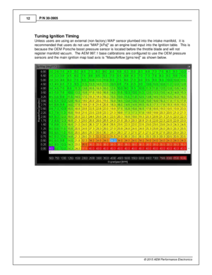 Page 1212
© 2 015 A EM  P erfo rm ance E le ctr o nic s
P
/N  3 0-3 905
T unin g Ig nit io n T im in g
U nle ss u sers  a re  u sin g a n e xte rn al  (n on fa cto ry ) M AP s ensor p lu m bed in to  th e in ta ke m anifo ld ,  it  is
r e com mended th at u sers  d o n ot u se  M AP [k P a]  a s a n e ngin e lo ad in put in to  th e Ig nit io n ta ble .  T his  is
b ecause th e O EM  P ors che b oost p re ssure  s ensor is  lo cate d b efo re  th e th ro ttle  b la de a nd w ill  n ot
r e gis te r m anifo ld  v...