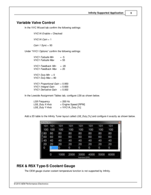 Page 5In fin ity  S upporte d A pplic a tio n
5
© 2 015 A EM  P erfo rm ance E le ctr o nic s
Varia b le  V alv e C ontr o l
I n  th e V VC W iz ard  ta b c onfir m  th e fo llo w in g s ettin gs:
V VC1A  E nab le  =  C hecked
V VC1A  C am  =  1
C am  1  S yn c =  9 3
U nder “V VC1 O ptio ns” c onfir m  th e fo llo w in g s ettin gs:
V VC1 F ails afe  M in = -5
V VC1 F ails afe  M ax = 5 5
V VC1 F eedb ack  M in = -2 0
V VC1 F eedb ack  M ax = 2 0
V VC1 D uty  M in = 0
V VC1 D uty  M ax = 8 0
V VC1 P ro portio...