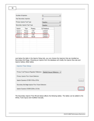 Page 1010
© 2 015 A EM  P erfo rm ance E le ctr o nic s
J u st b elo w  th e ta ble  in  th e In je cto r S etu p ta b, y ou c an c hoose th e in je cto rs  th at a re  in sta lle d a s
S econdary /3 rd  S ta ge. C hoosin g a n in je cto r fr o m  th e d ata base w ill  m odify  th e in je cto r flo w  ra te  a nd
i n je cto r b atte ry  o ffs et ta ble s.
T he S econdary  In je cto r F lo w  W iz ard  a bove  a ffe cts  th e fo llo w in g ta ble s. T he ta ble s c an b e a dded to  th e
I n fin it y  T uner la...