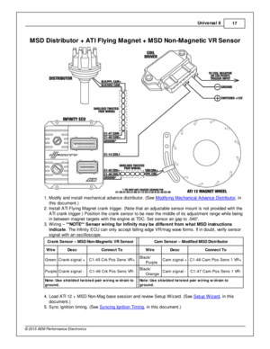 Page 17Univ e rs a l 8
17
© 2 015 A EM  P erfo rm ance E le ctr o nic s
MSD  D is tr ib uto r +  A TI F ly in g M ag net +  M SD  N on-M ag netic  V R S en so r
1 . M odify  a nd in sta ll  m echanic al  a dva nce d is trib uto r. (S ee M odify in g M echanic al  A dva nce D is trib uto r
, in
t h is  d ocum ent.)
2 . In sta ll  A TI  F ly in g M agnet c ra nk trig ger. (N ote  th at a n a dju sta ble  s ensor m ount is  n ot p ro vid ed w it h  th e
A TI  c ra nk trig ger.) P osit io n th e c ra nk s ensor to...